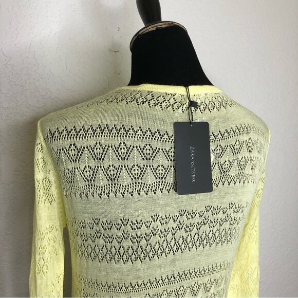 Zara Knitwear pale soft yellow open knit crochet button cardigan size Large NWT - Picture 9 of 13